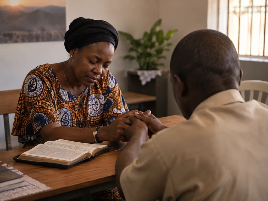 A ministry volunteer praying with a man during a prison support visit