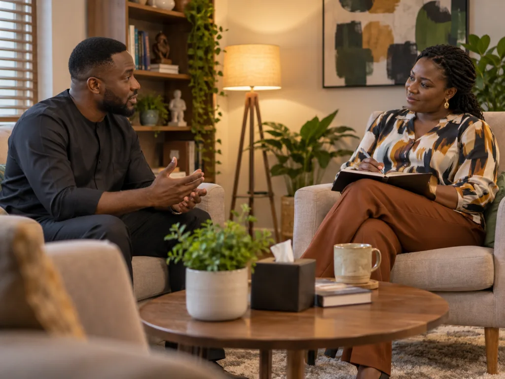Two people in a private conversation in a calm, softly furnished counselling room