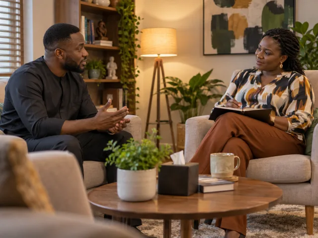 Two people in a private conversation in a calm, softly furnished counselling room