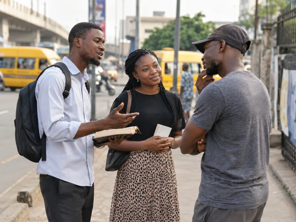 A young evangelist sharing Scripture with passers-by on a Nigerian street