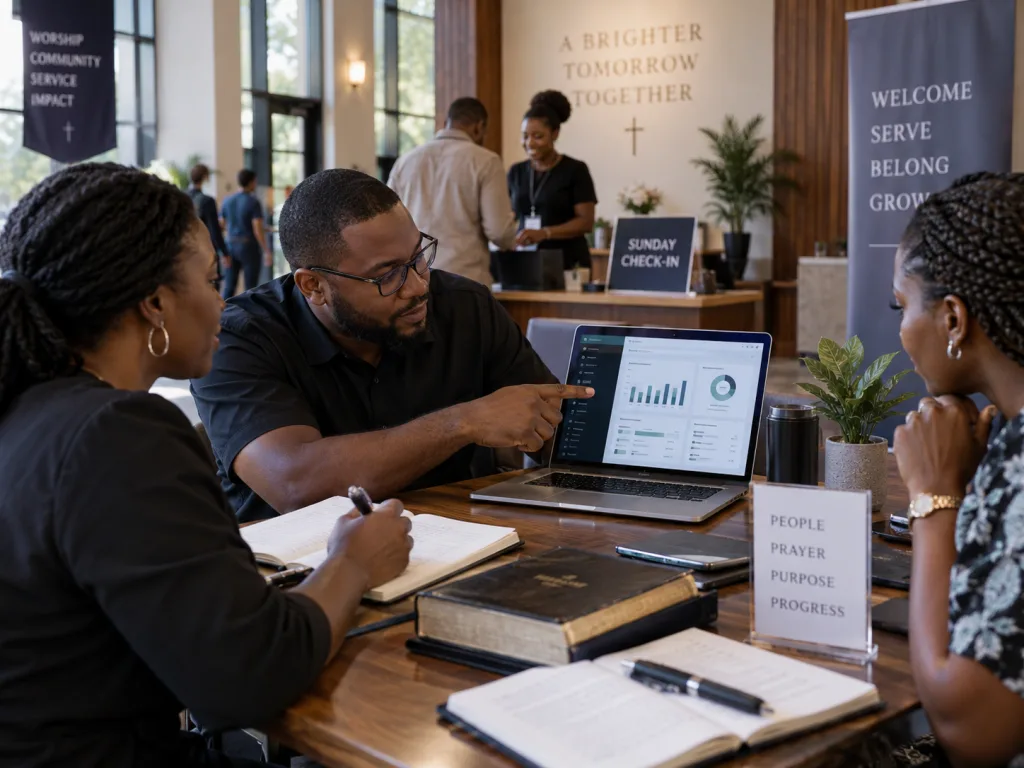 Church volunteers reviewing a simple administration dashboard beside a Sunday check-in desk