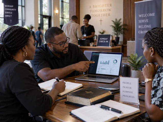 Church volunteers reviewing a simple administration dashboard beside a Sunday check-in desk