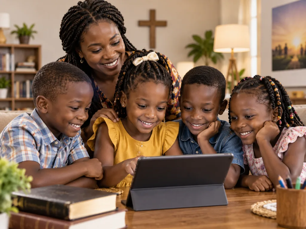 Children learning together on a tablet with a caring adult close by