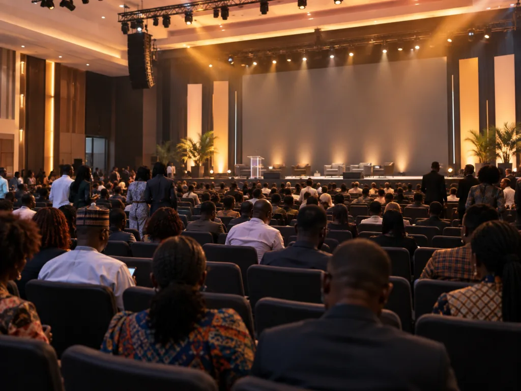 A large conference hall filling with people before a programme begins