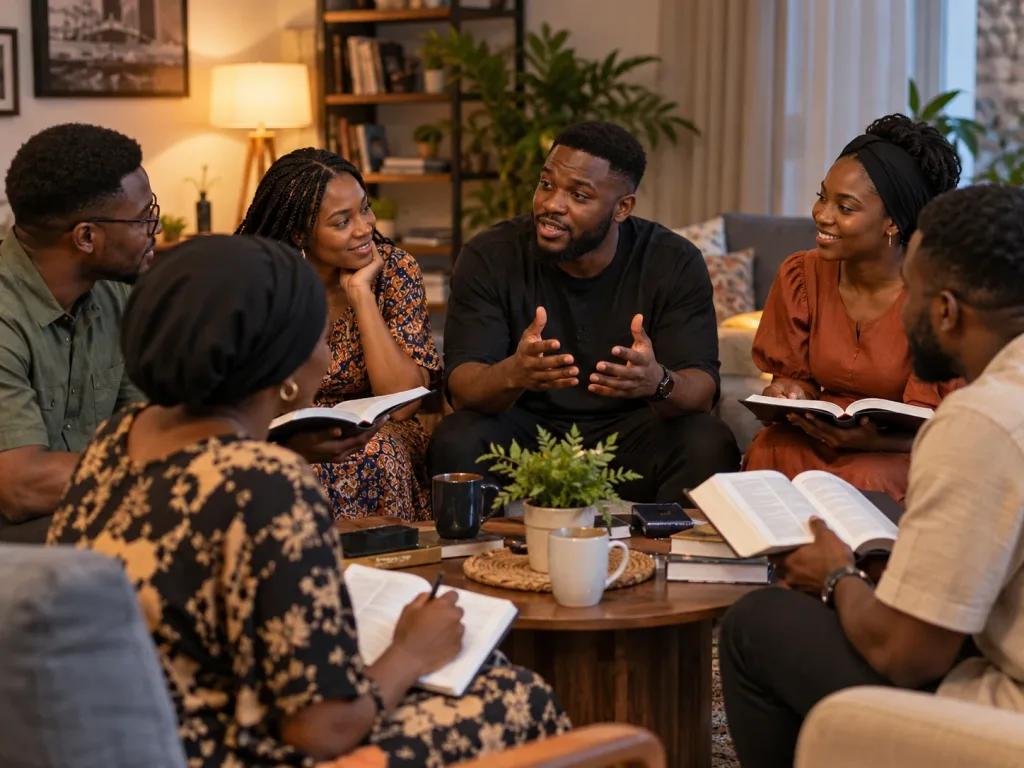 Young Christian men and women in a guided Bible discussion in a warm living room