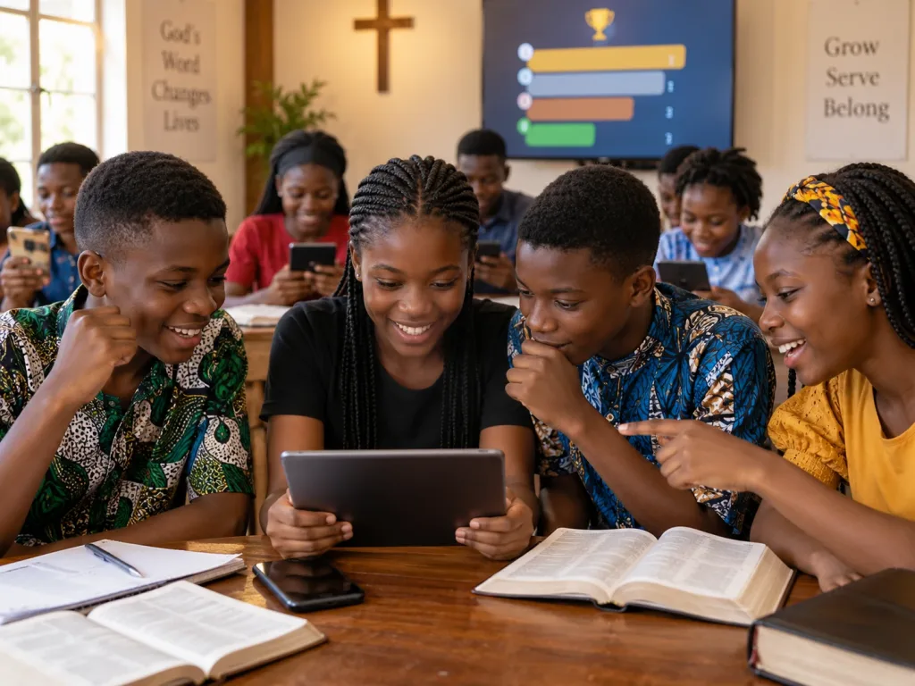 Teenagers with open Bibles cheering at a tablet during a Bible quiz, a leaderboard on screen behind them