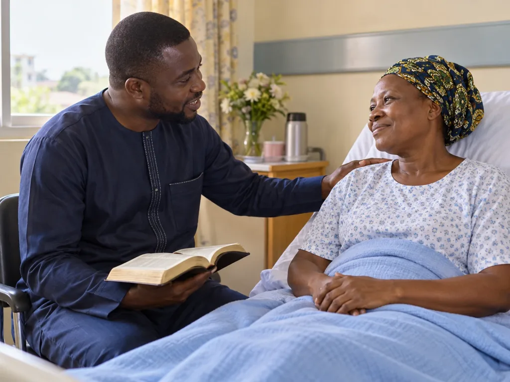 A visitor with an open Bible resting a hand on the shoulder of a smiling patient during a hospital visit