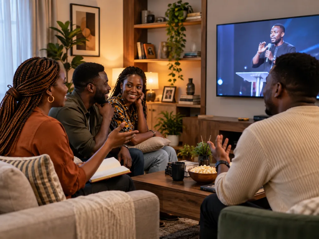 Young Nigerian Christians discussing Christian streaming content together at home